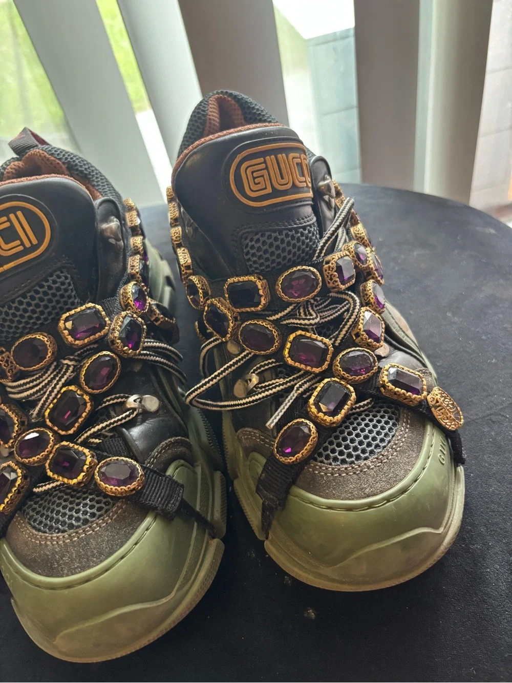 GUCCI men Green and Purple Embellished with crystal Sneaker